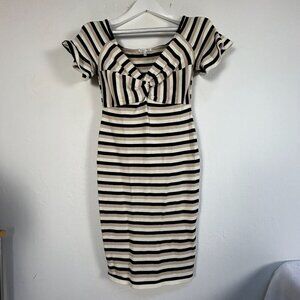 Ronny Kobo Black & Beige Striped Bodycon Dress Large Ruffle Sleeves Knot Front